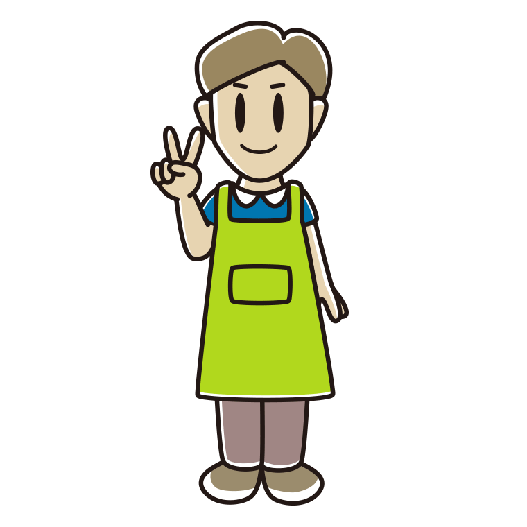 ピースをするエプロン姿の男性のイラスト【色あり、背景なし】透過PNG