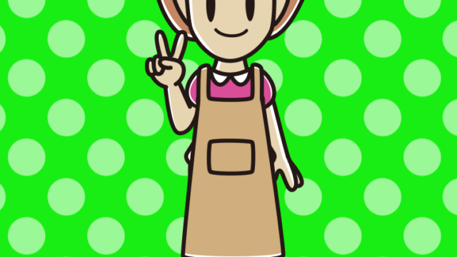 ピースをするエプロン姿の女性のイラスト【色、背景あり】PNG