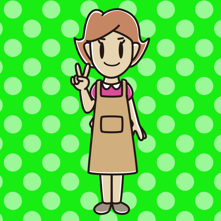 ピースをするエプロン姿の女性のイラスト【色、背景あり】PNG