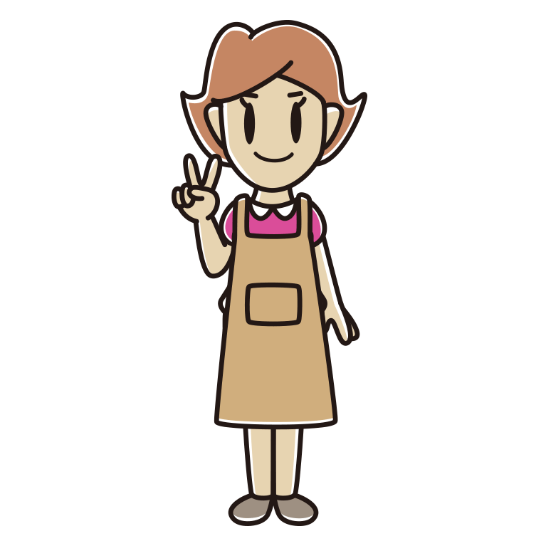 ピースをするエプロン姿の女性のイラスト【色あり、背景なし】透過PNG