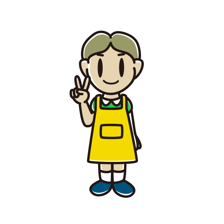 ピースをするエプロン姿の小学生男子のイラスト【色あり、背景なし】透過PNG