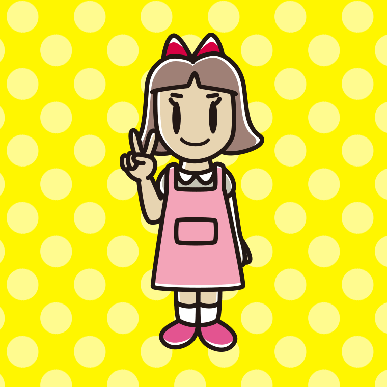 ピースをするエプロン姿の小学生女子のイラスト【色、背景あり】PNG