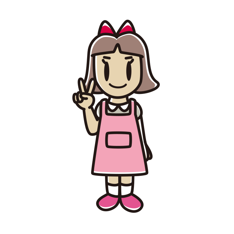 ピースをするエプロン姿の小学生女子のイラスト【色あり、背景なし】透過PNG