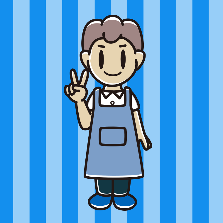 ピースをするエプロン姿の男子中学生のイラスト【色、背景あり】PNG