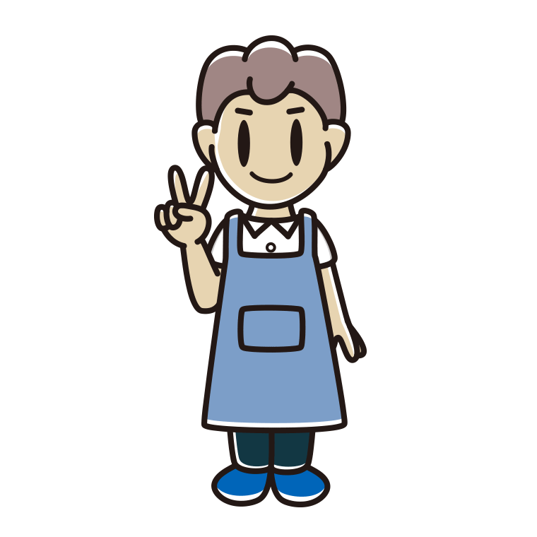 ピースをするエプロン姿の男子中学生のイラスト【色あり、背景なし】透過PNG