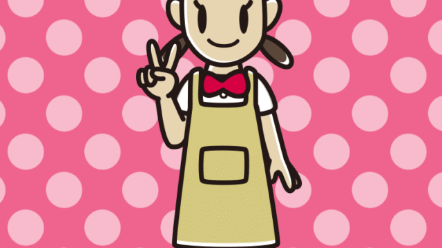 ピースをするエプロン姿の女子中学生のイラスト【色、背景あり】PNG