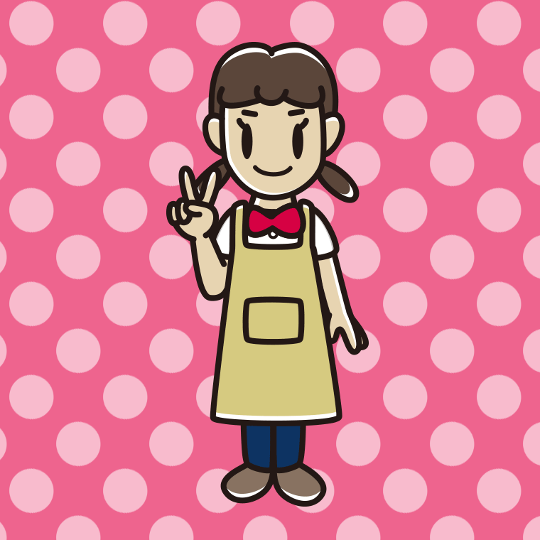 ピースをするエプロン姿の女子中学生のイラスト【色、背景あり】PNG