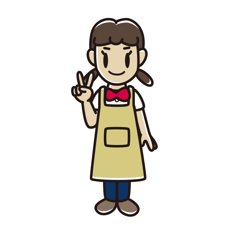 ピースをするエプロン姿の女子中学生のイラスト【色あり、背景なし】透過PNG