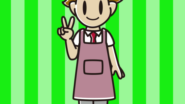 ピースをするエプロン姿の男子高校生のイラスト【色、背景あり】PNG