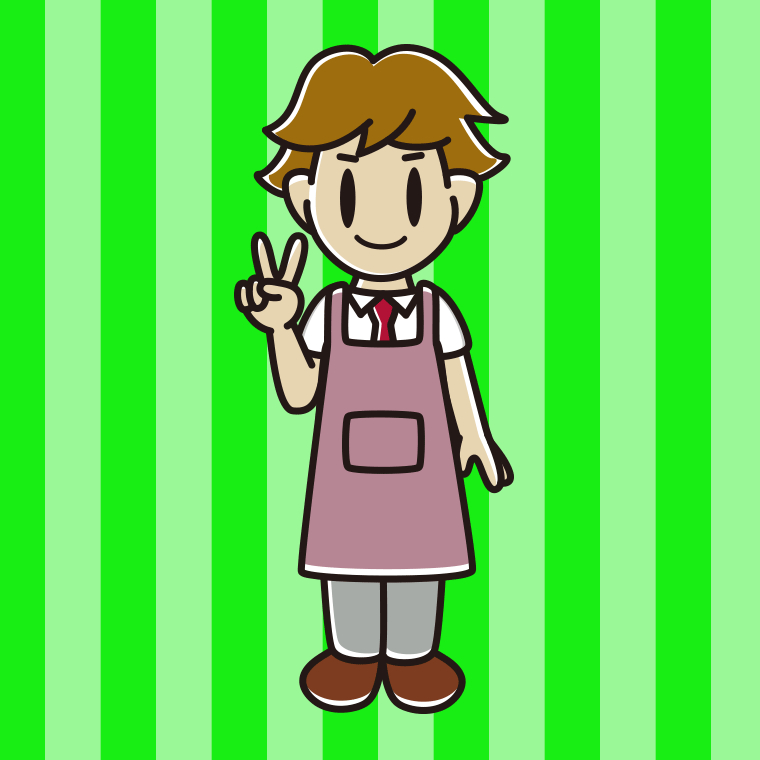 ピースをするエプロン姿の男子高校生のイラスト【色、背景あり】PNG