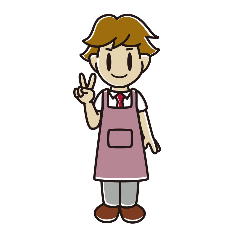 ピースをするエプロン姿の男子高校生のイラスト【色あり、背景なし】透過PNG