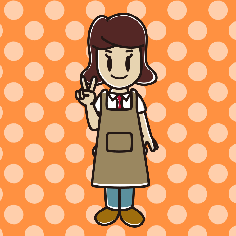 ピースをするエプロン姿の女子高校生のイラスト【色、背景あり】PNG