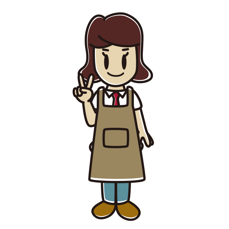 ピースをするエプロン姿の女子高校生のイラスト【色あり、背景なし】透過PNG