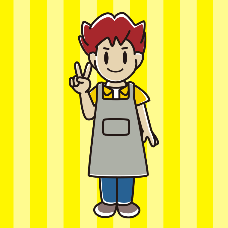 ピースをするエプロン姿の男子大学生のイラスト【色、背景あり】PNG