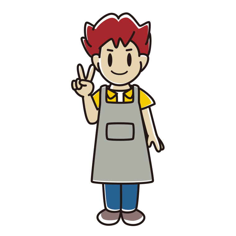 ピースをするエプロン姿の男子大学生のイラスト【色あり、背景なし】透過PNG