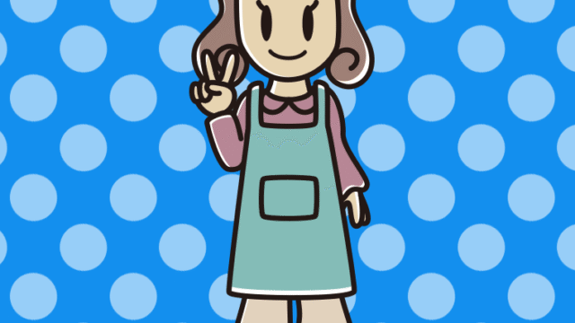 ピースをするエプロン姿の女子大学生のイラスト【色、背景あり】PNG