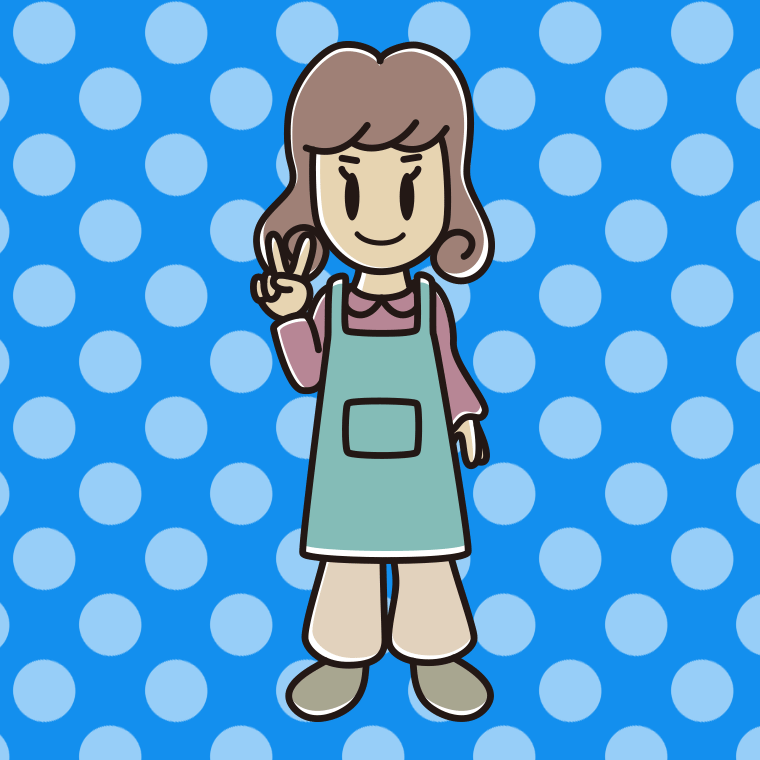 ピースをするエプロン姿の女子大学生のイラスト【色、背景あり】PNG