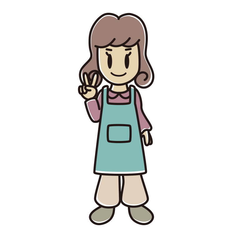 ピースをするエプロン姿の女子大学生のイラスト【色あり、背景なし】透過PNG