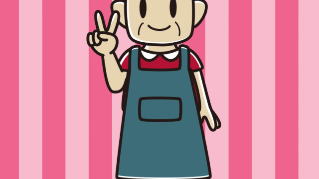 ピースをするエプロン姿のおじさんのイラスト【色、背景あり】PNG