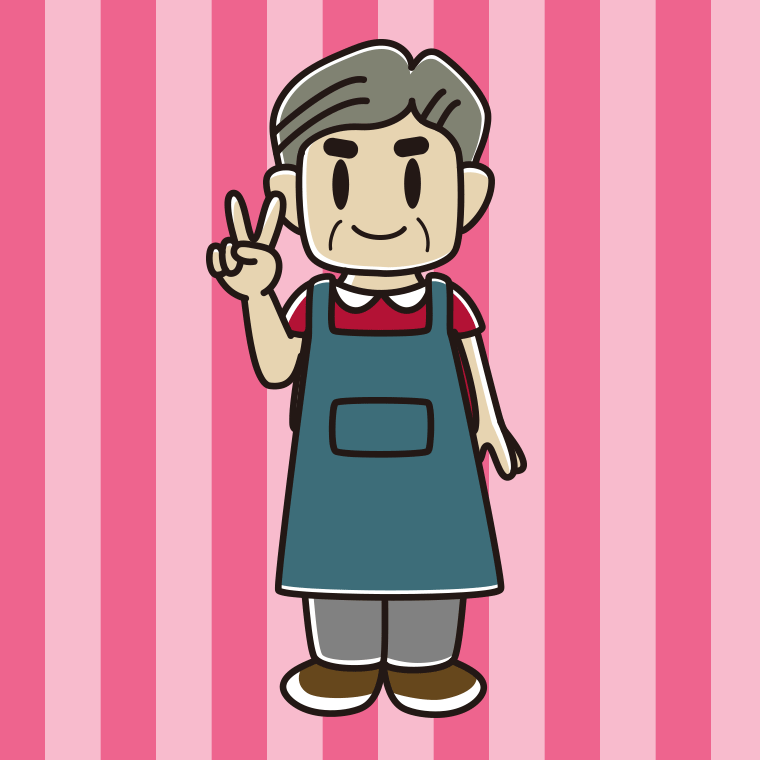 ピースをするエプロン姿のおじさんのイラスト【色、背景あり】PNG