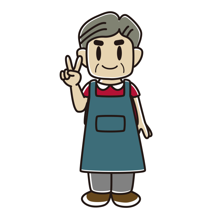 ピースをするエプロン姿のおじさんのイラスト【色あり、背景なし】透過PNG