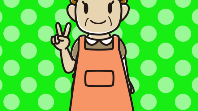 ピースをするエプロン姿のおばさんのイラスト【色、背景あり】PNG
