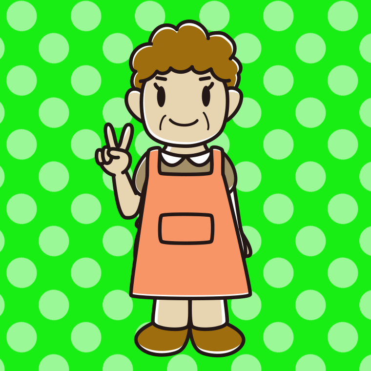 ピースをするエプロン姿のおばさんのイラスト【色、背景あり】PNG