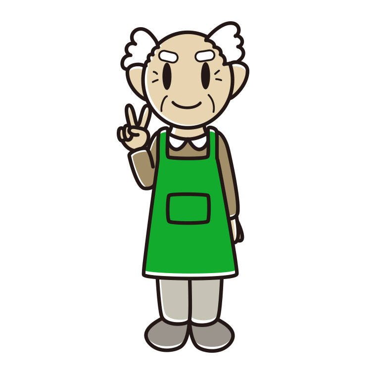 ピースをするエプロン姿のおじいさんのイラスト【色あり、背景なし】透過PNG