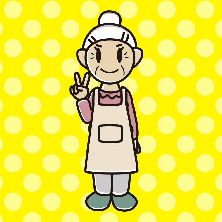 ピースをするエプロン姿のおばあさんのイラスト【色、背景あり】PNG