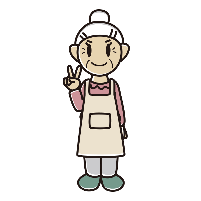 ピースをするエプロン姿のおばあさんのイラスト【色あり、背景なし】透過PNG