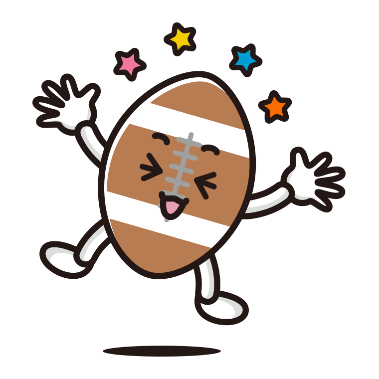 喜ぶラグビーボールちゃんのイラスト【色あり、背景なし】透過PNG