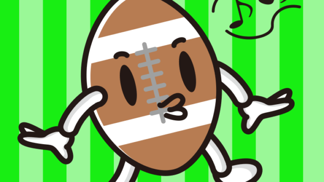 口笛を吹くラグビーボールちゃんのイラスト【色、背景あり】PNG