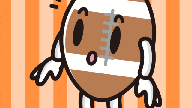 何かに気付くラグビーボールちゃんのイラスト【色、背景あり】PNG