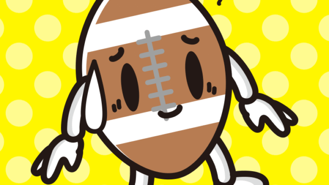 苦笑いするラグビーボールちゃんのイラスト【色、背景あり】PNG