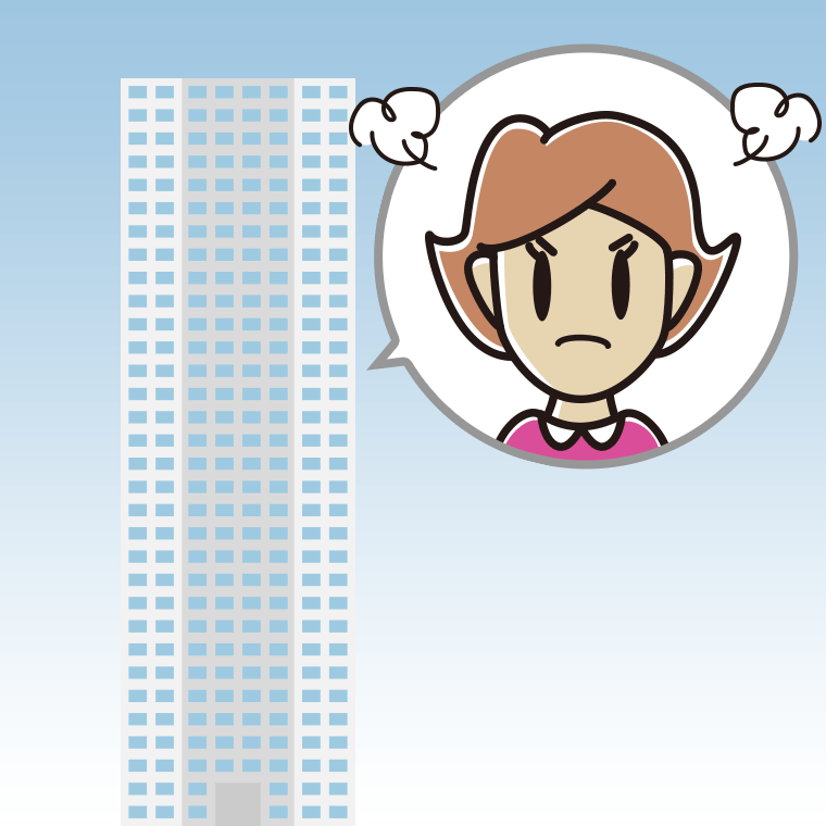 タワーマンションで怒る女性のイラスト【色、背景あり】PNG