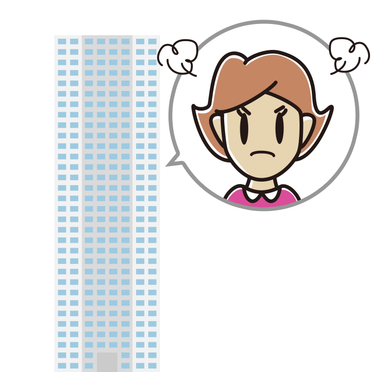 タワーマンションで怒る女性のイラスト【色あり、背景なし】透過PNG