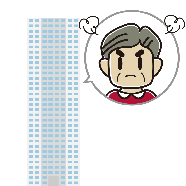 タワーマンションで怒るおじさんのイラスト【色あり、背景なし】透過PNG