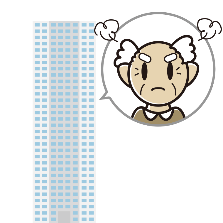 タワーマンションで怒るおじいさんのイラスト【色あり、背景なし】透過PNG