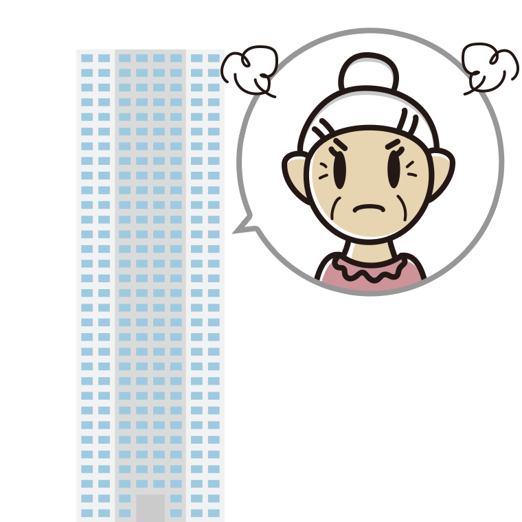 タワーマンションで怒るおばあさんのイラスト【色あり、背景なし】透過PNG