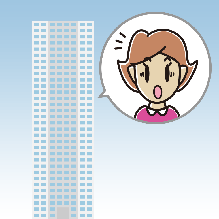 タワーマンションで驚く女性のイラスト【色、背景あり】PNG