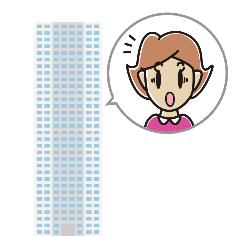 タワーマンションで驚く女性のイラスト【色あり、背景なし】透過PNG