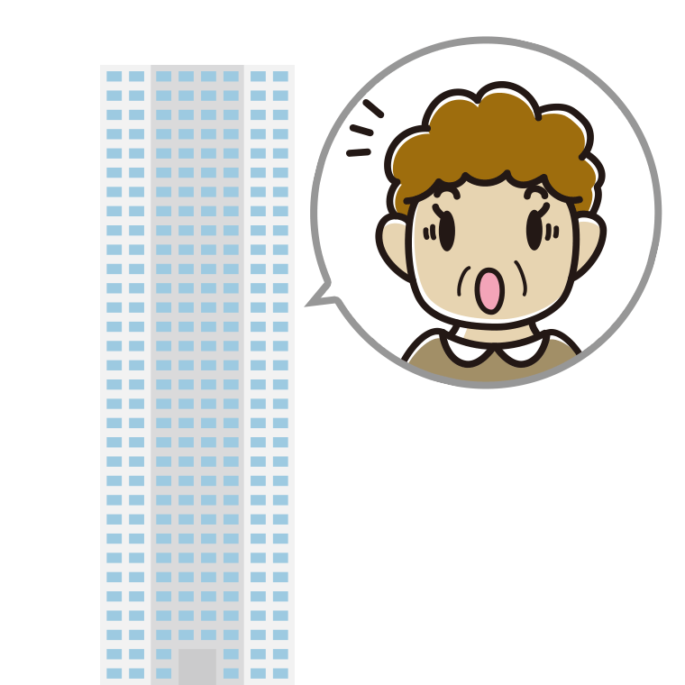 タワーマンションで驚くおばさんのイラスト【色あり、背景なし】透過PNG