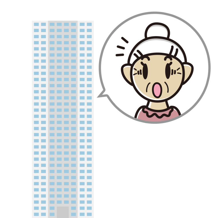 タワーマンションで驚くおばあさんのイラスト【色あり、背景なし】透過PNG