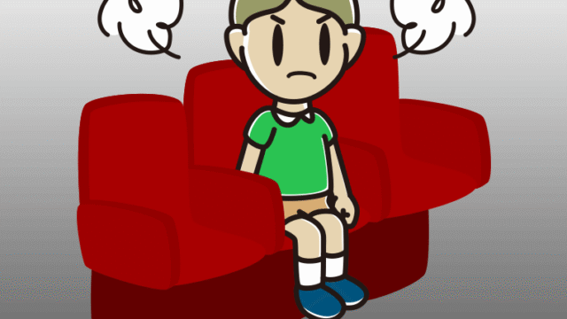 映画館（劇場）で怒る小学生男子のイラスト【色、背景あり】PNG