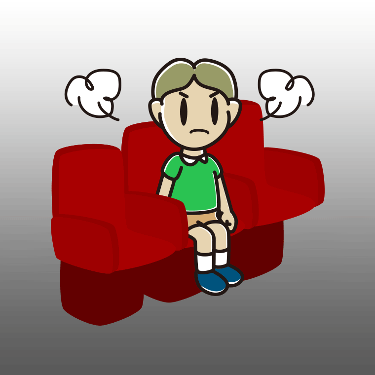 映画館（劇場）で怒る小学生男子のイラスト【色、背景あり】PNG