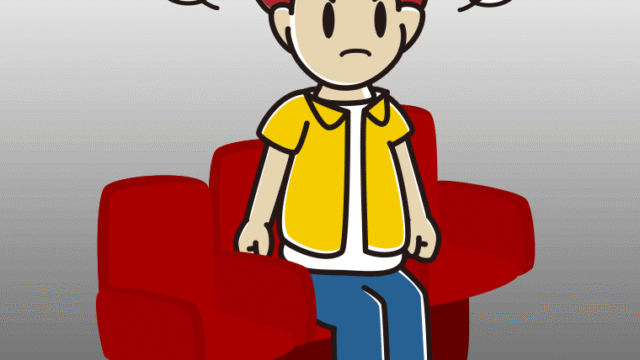 映画館（劇場）で怒る男子大学生のイラスト【色、背景あり】PNG