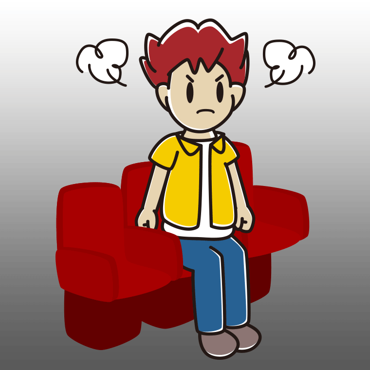 映画館（劇場）で怒る男子大学生のイラスト【色、背景あり】PNG