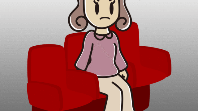 映画館（劇場）で怒る女子大学生のイラスト【色、背景あり】PNG