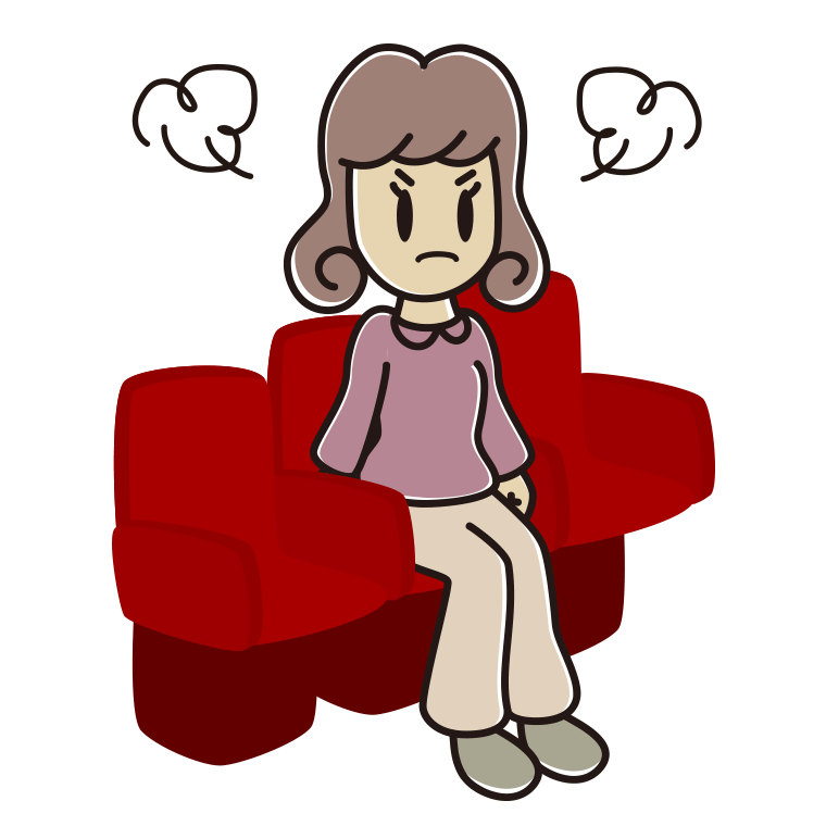 映画館（劇場）で怒る女子大学生のイラスト【色あり、背景なし】透過PNG