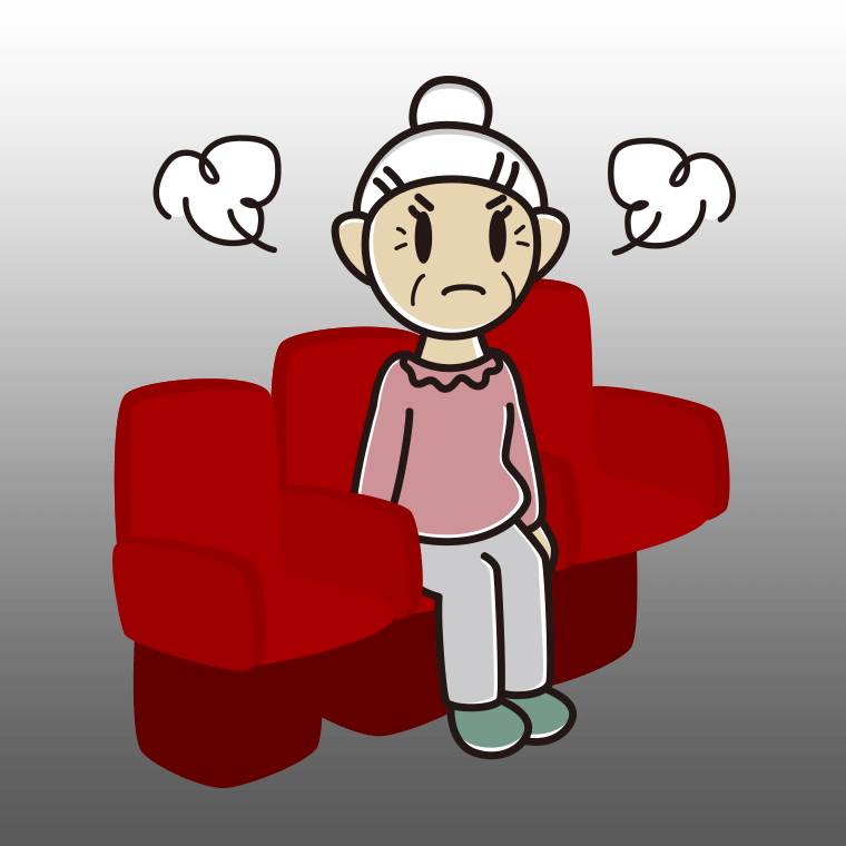 映画館（劇場）で怒るおばあさんのイラスト【色、背景あり】PNG